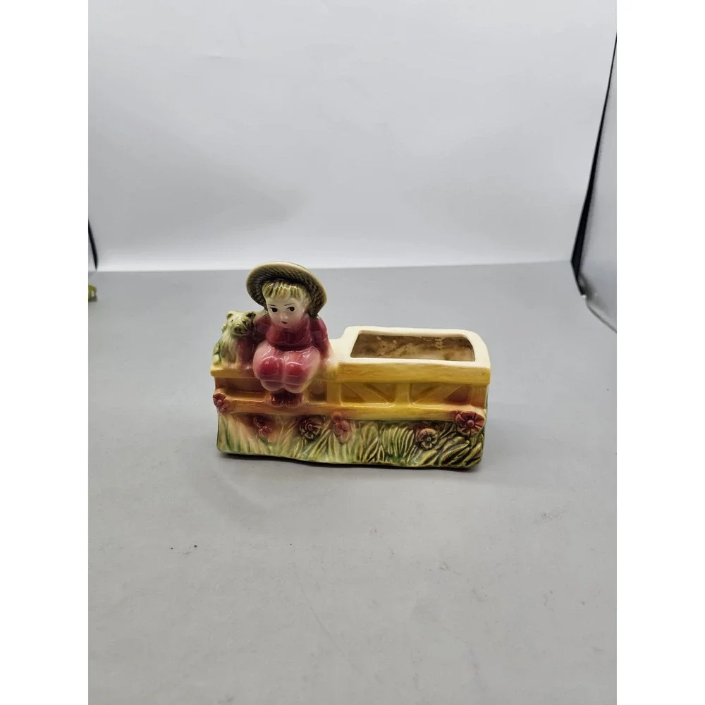 Vintage 87-USA Ceramic Planter Girl with Dog on Fence Sun Hat Figurine Yellow